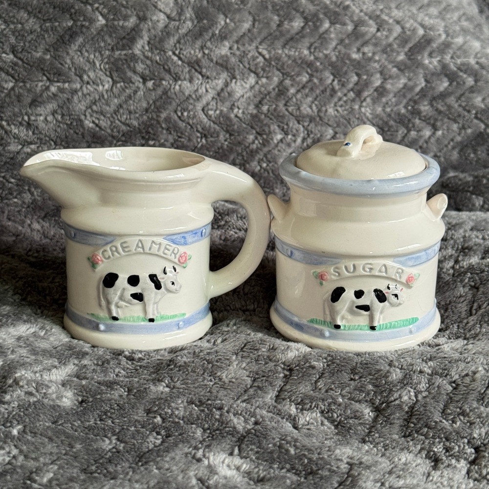 Vintage 1994 PIL Ceramic Cow Creamer and Sugar Bowl Set Farmhouse Kitchen Decor